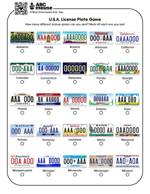 Free printable road trip license plate game in color for kids from ABCmouse.com.