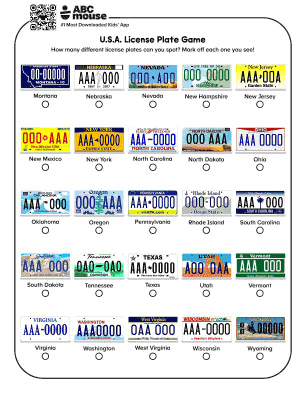 Free printable road trip license plate game in color for kids from ABCmouse.com.