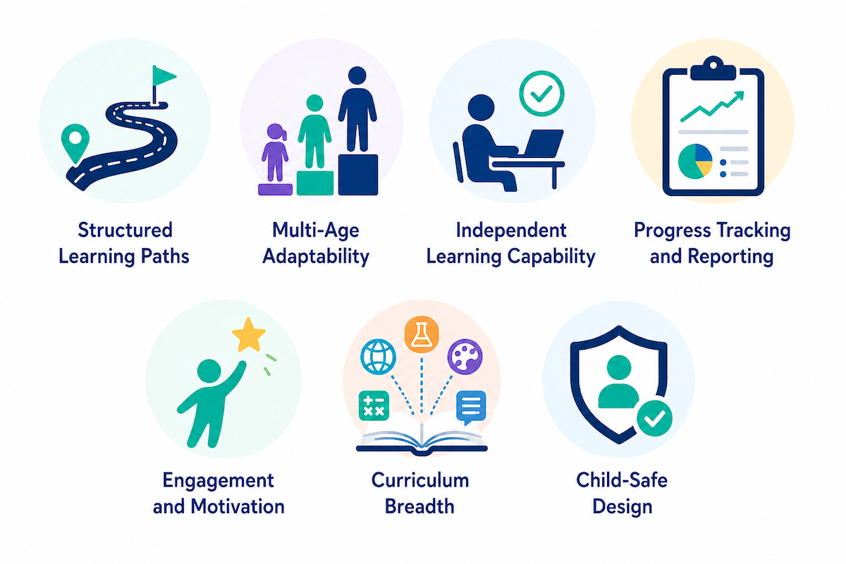 A visual graphic outlining what to look for when selecting a digital learning platform for a microschool