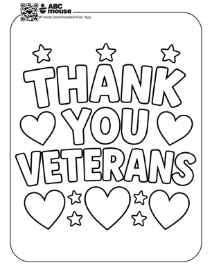 Free printable kids Memorial Day coloring page featuring “Thank You Veterans” text surrounded by hearts and stars.