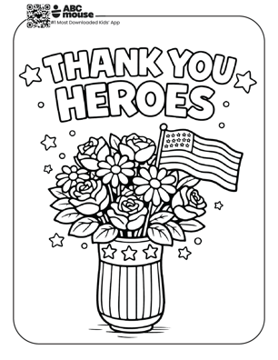 Free printable kids Memorial Day coloring page featuring a bouquet of flowers with “Thank You Heroes” and a small American flag.