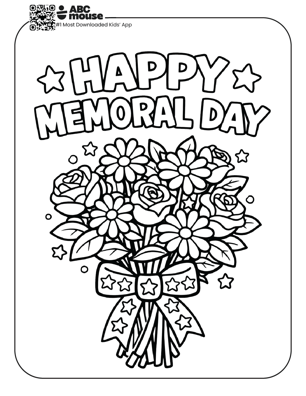 Free printable kids Memorial Day coloring page featuring a bouquet of flowers with a “Happy Memorial Day” message.