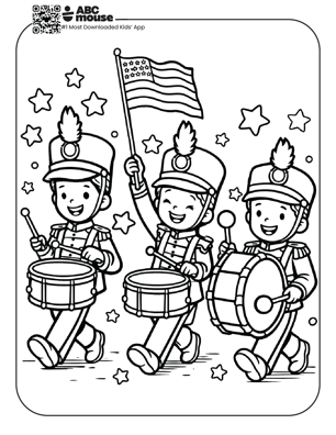 Free printable kids Memorial Day coloring page of children playing drums in a festive parade.