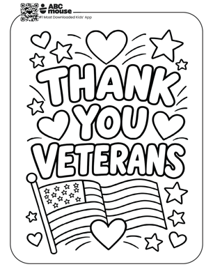 Free printable kids Memorial Day coloring page with “Thank You Veterans” text and an American flag with stars and hearts.