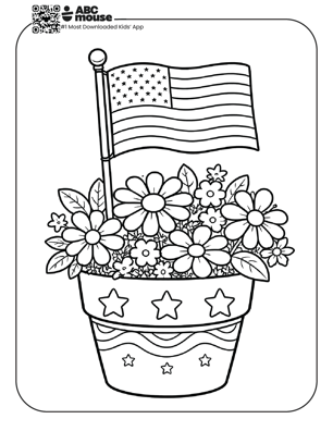 Free printable kids Memorial Day coloring page of an American flag placed in a flower pot filled with blooming flowers.