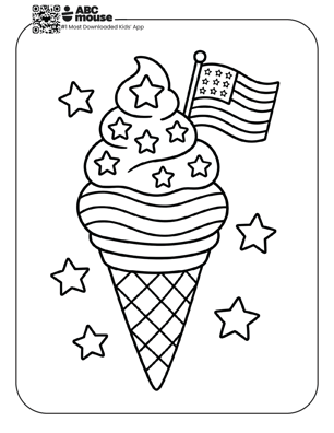 Free printable kids Memorial Day coloring page of an ice cream cone decorated with stars and patriotic patterns.
