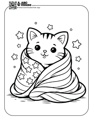 Free printable kids Memorial Day coloring page of a cute cat wrapped in a cozy blanket with stars.
