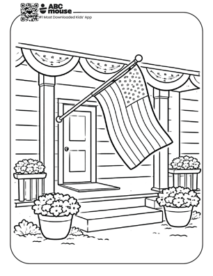 Free printable kids Memorial Day coloring page of an American flag hanging on a house porch with potted flowers.