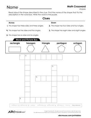Free printable worksheet for kids from ABCmouse.com –shape crossword puzzle.