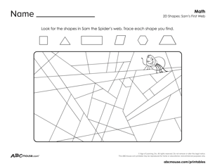 Free printable worksheet for kids from ABCmouse.com – find 2D shapes in a spider web activity
