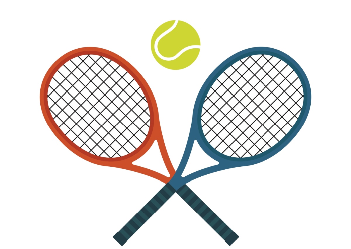 Two tennis rackets cris cross with a tennis ball in the middle.