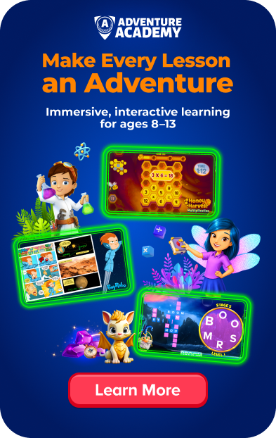 Advertisement poster for Adventure Academy promoting immersive learning for ages 8–13; shows colorful devices and friendly characters with a 'Learn More' button.