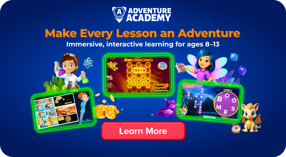 Adventure Academy banner promoting immersive learning for ages 8–13 with colorful glowing tablets and characters; Learn More button visible.