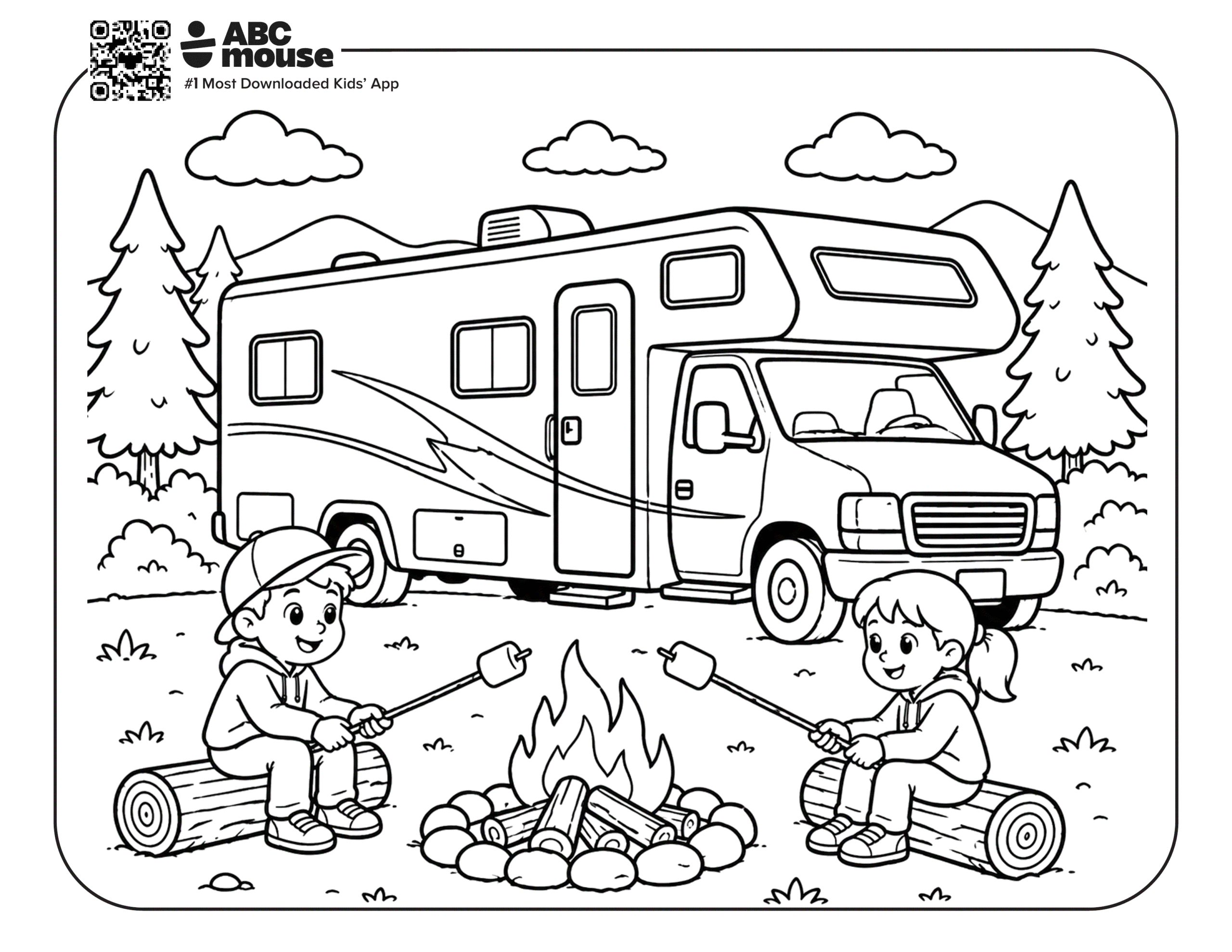 Free printable roasting marshmallows by campfire camping themed coloring page for kids from ABCmouxe.com.