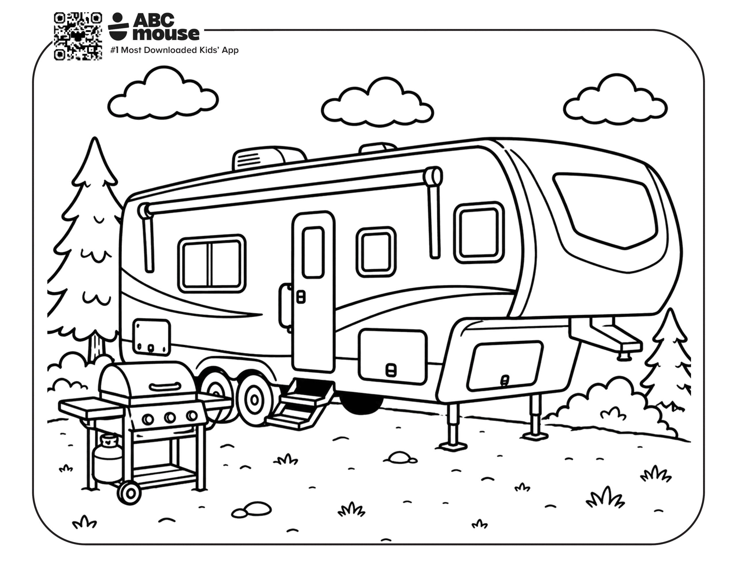 Free printable fifth wheel camping themed coloring page for kids from ABCmouxe.com.