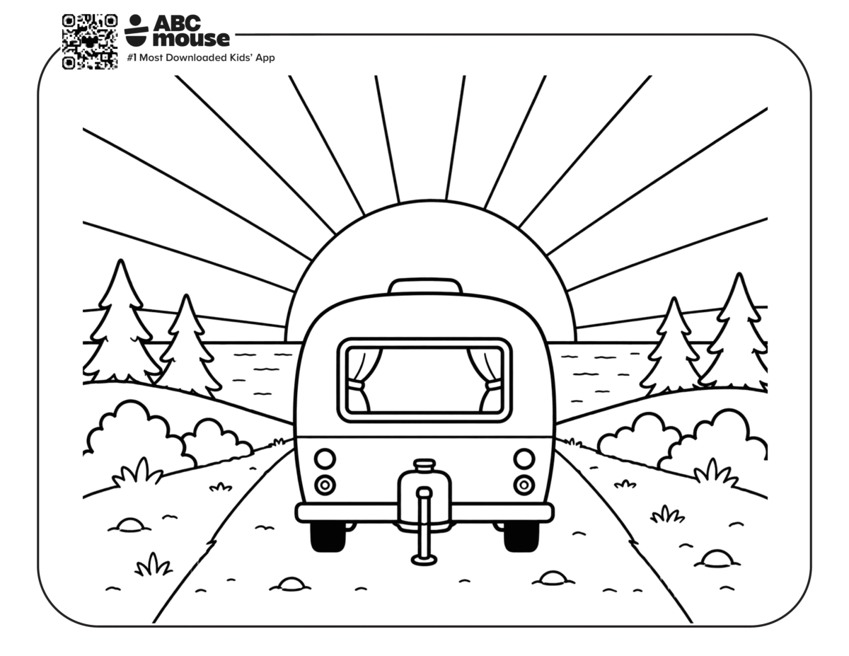 Free printable trailer in sunset camping themed coloring page for kids from ABCmouxe.com.