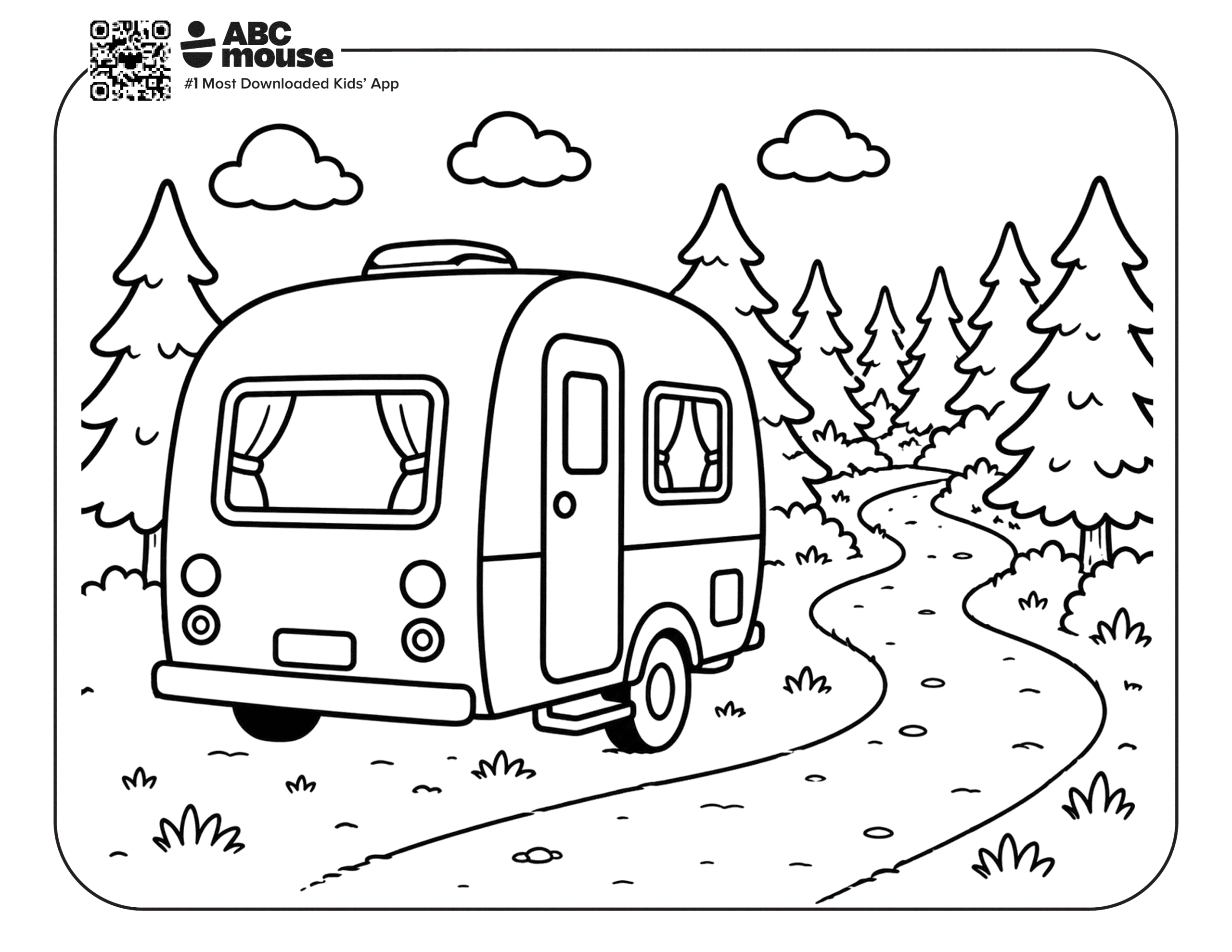 Free printable trailer near a bath camping themed coloring page for kids from ABCmouxe.com.