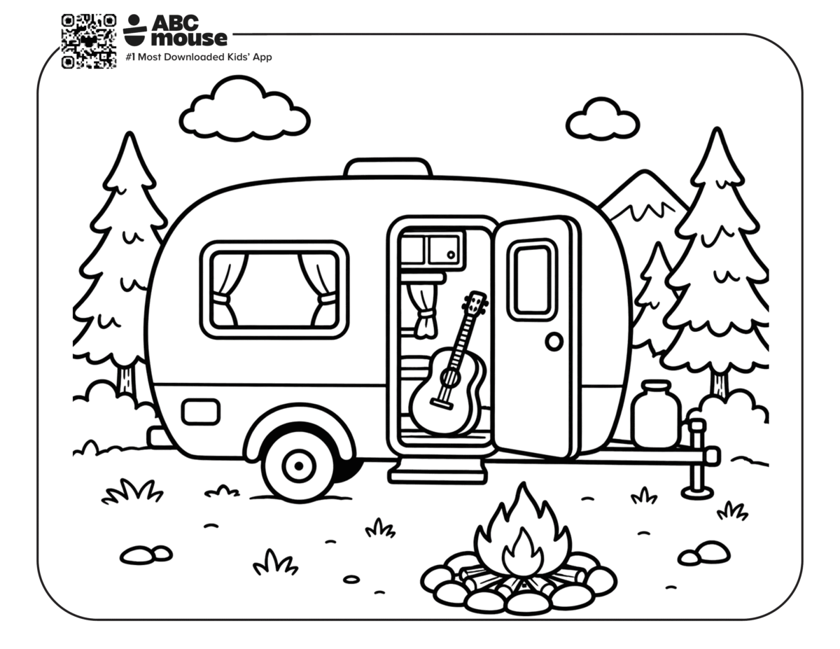 Free printable trailer and guitar camping themed coloring page for kids from ABCmouxe.com.