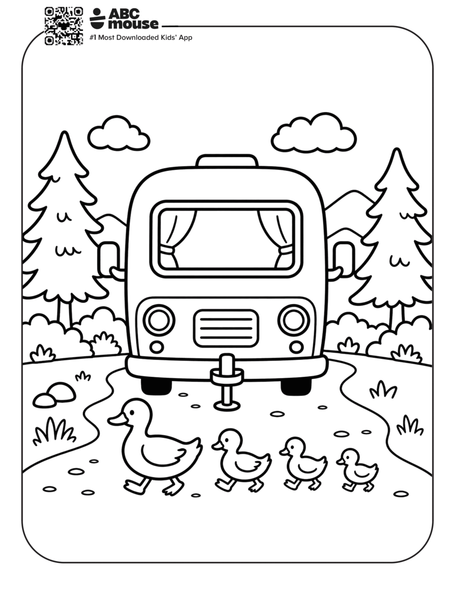 Free printable ducks in front of a trailer camping themed coloring page for kids from ABCmouxe.com.