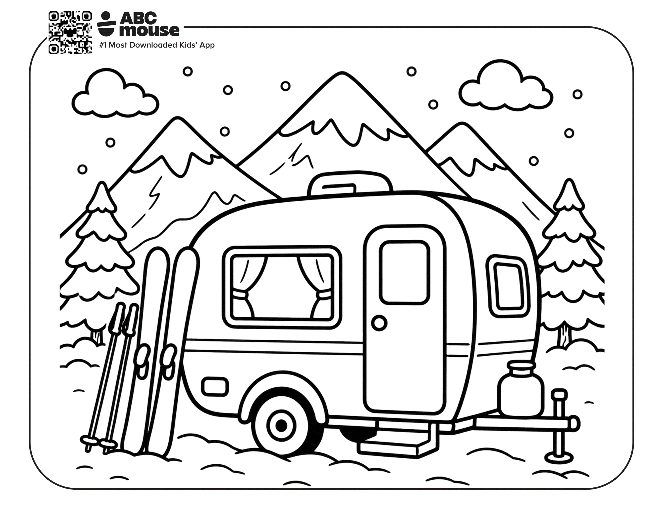 Free printable winter trailer camping themed coloring page for kids from ABCmouxe.com.