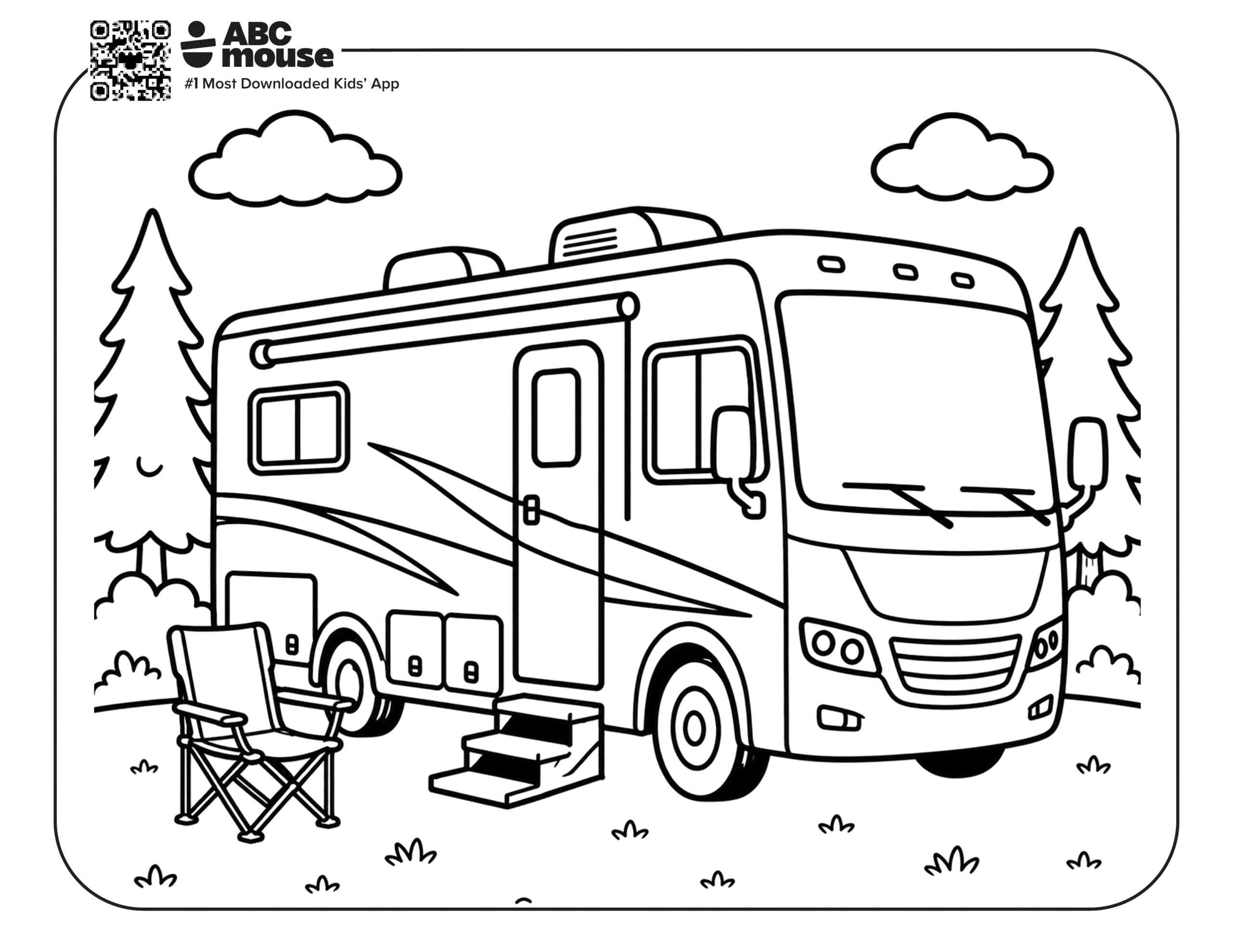 Free printable rv at a campsite camping themed coloring page for kids from ABCmouxe.com.