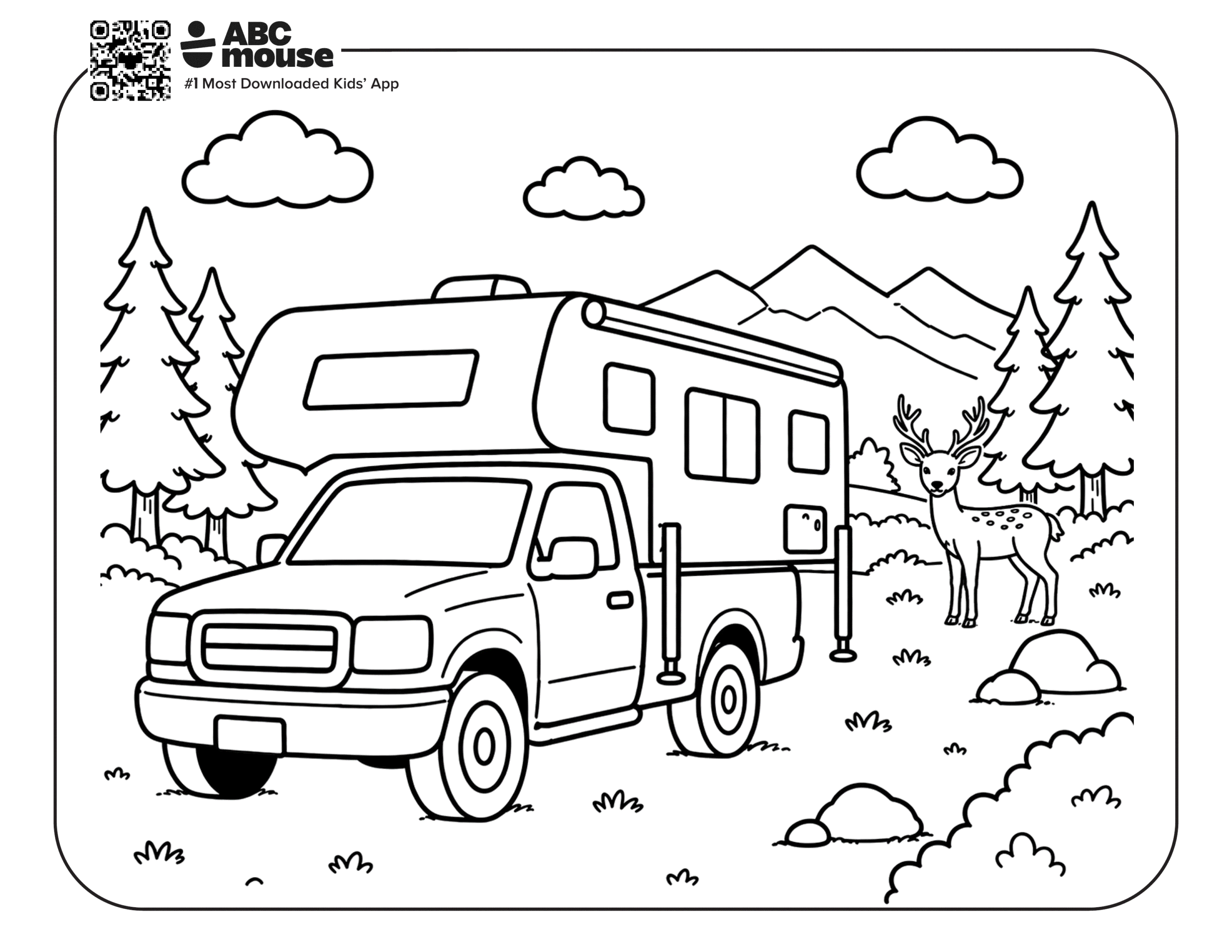 Free printable truck camper camping themed coloring page for kids from ABCmouxe.com.