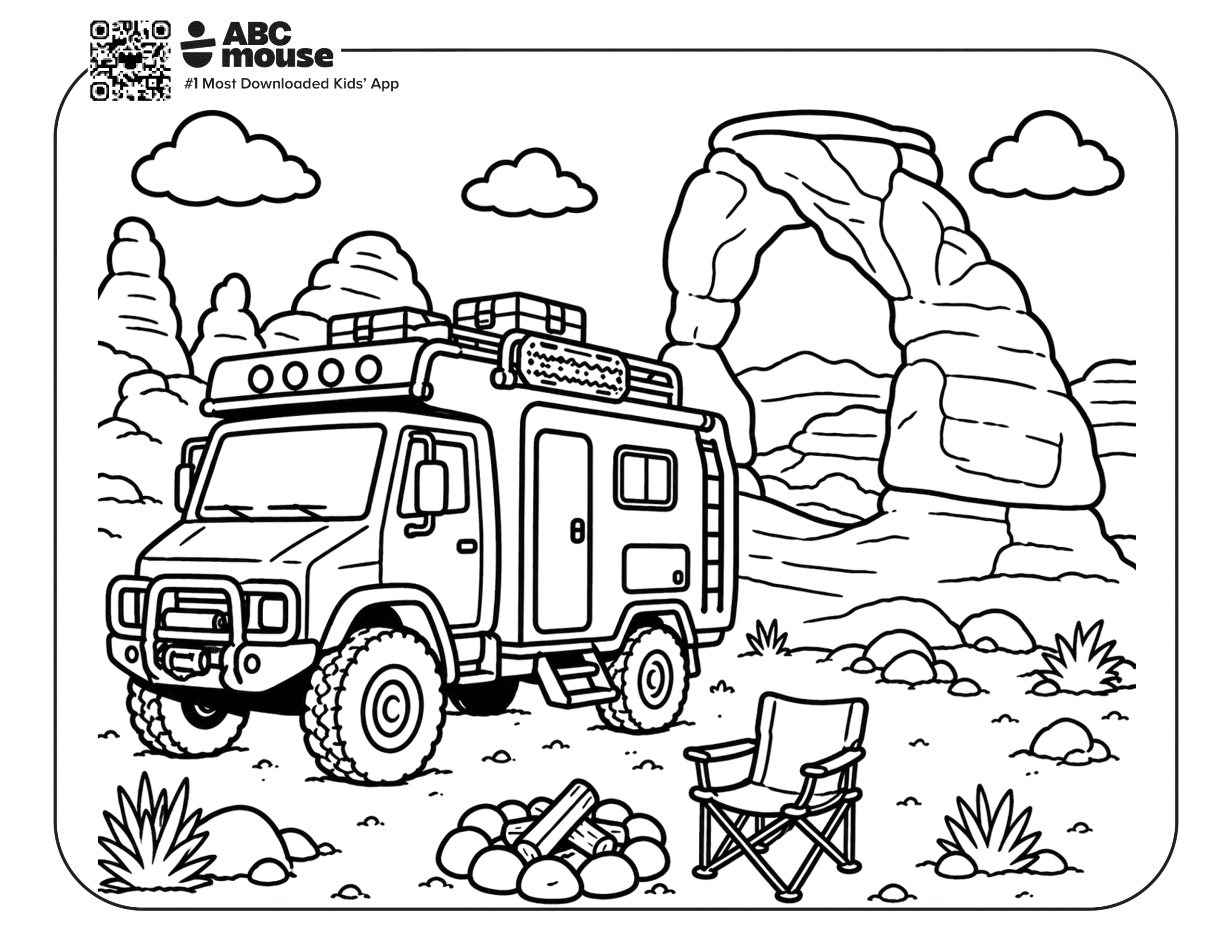 Free printable trailer in a National Park camping themed coloring page for kids from ABCmouxe.com.