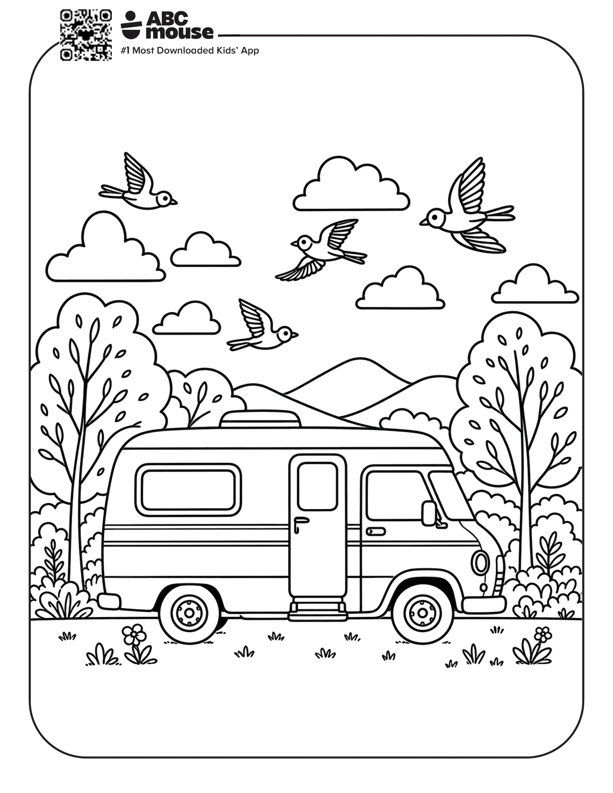 Free printable trailer with birds flying camping themed coloring page for kids from ABCmouxe.com.