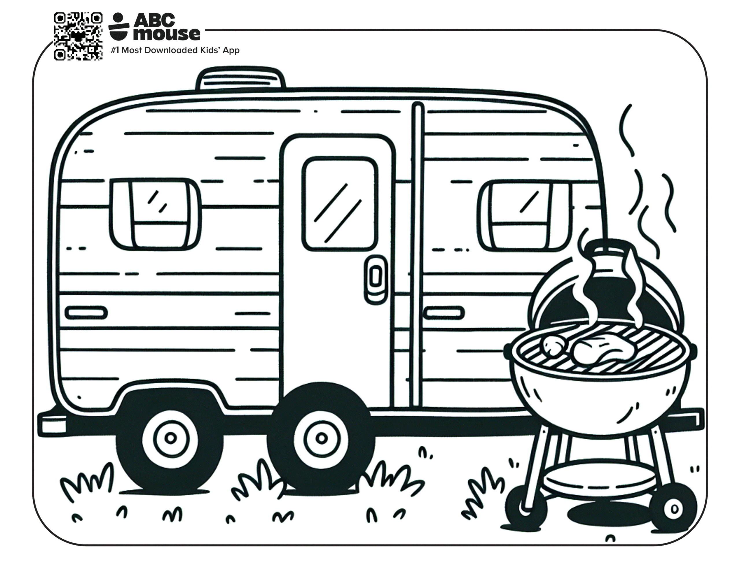 Free printable trailer with grill camping themed coloring page for kids from ABCmouxe.com.