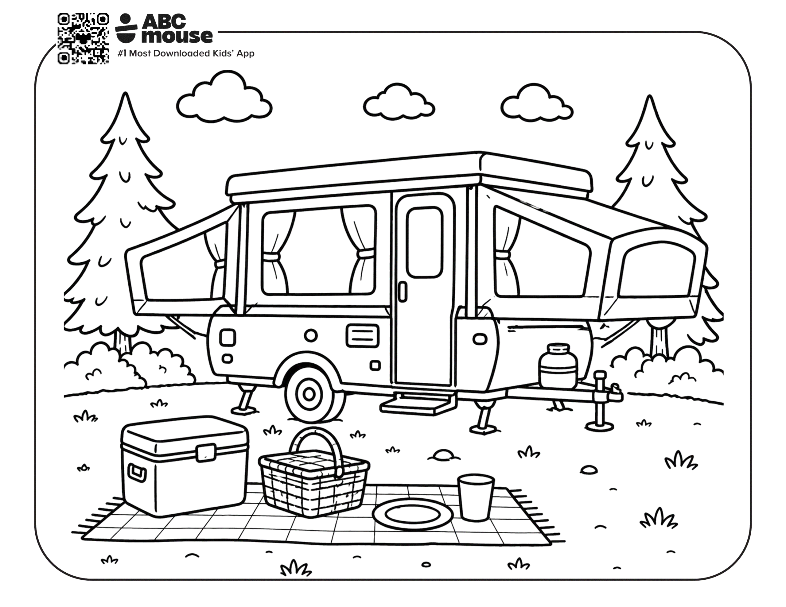 Free printable tent trailer camping themed coloring page for kids from ABCmouxe.com.