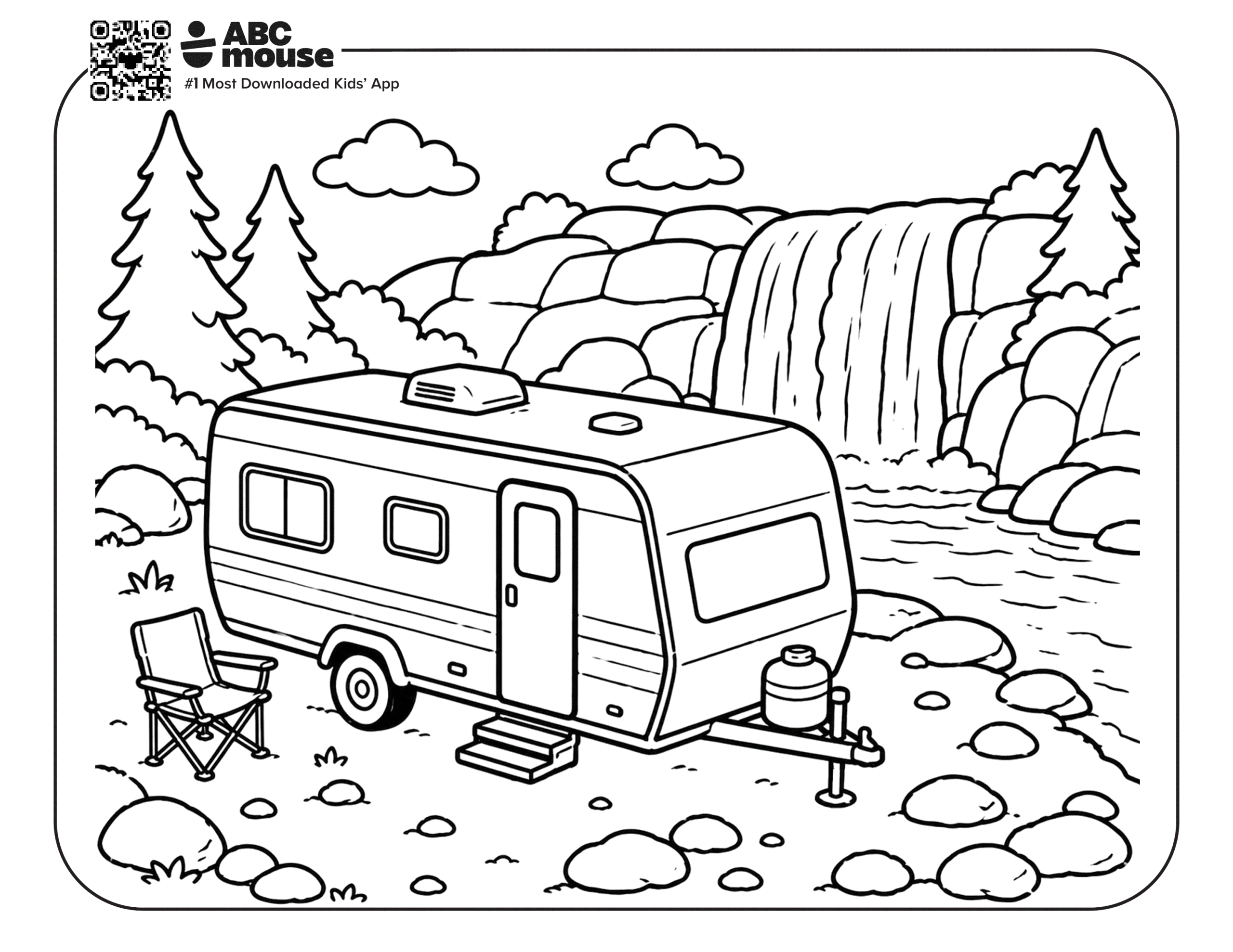Free printable trailer near a waterfall camping themed coloring page for kids from ABCmouxe.com.