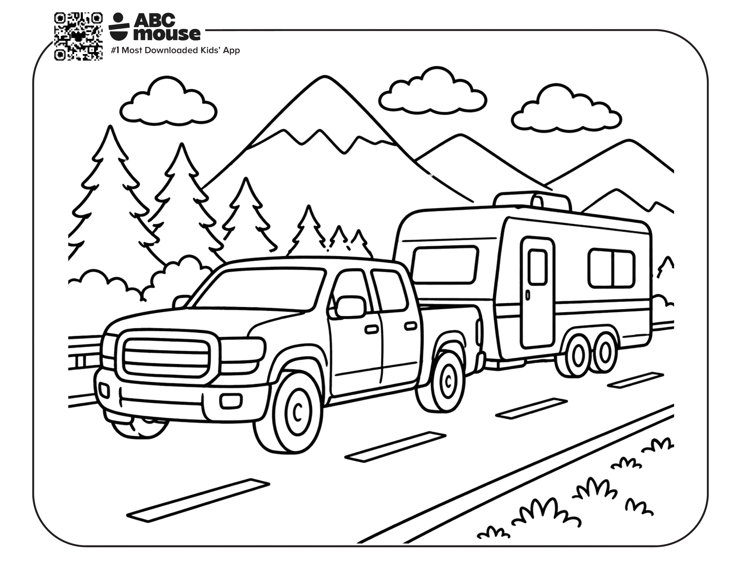 Free printable truck pulling a trailer camping themed coloring page for kids from ABCmouxe.com.