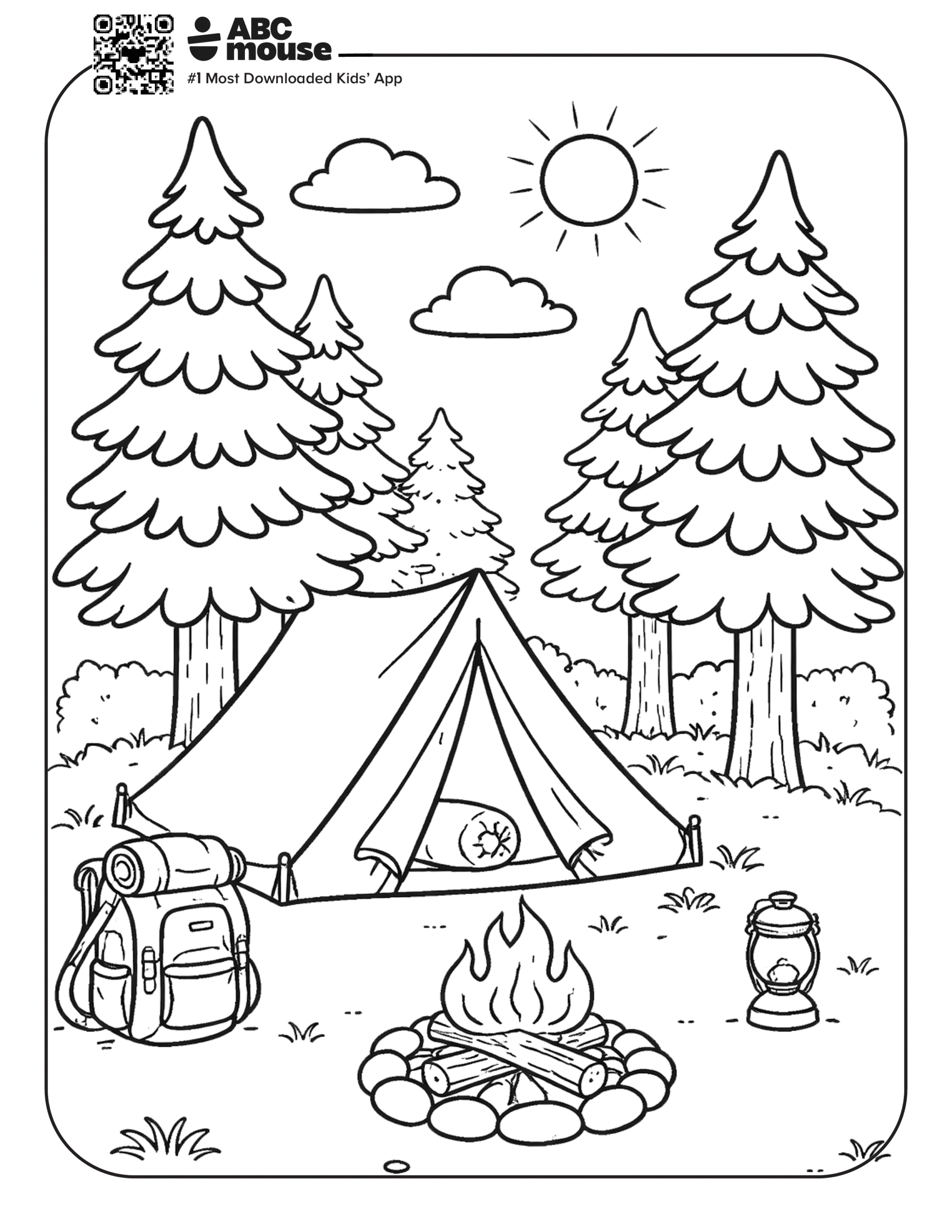Free printable campsite in a forest camping themed coloring page for kids from ABCmouxe.com.