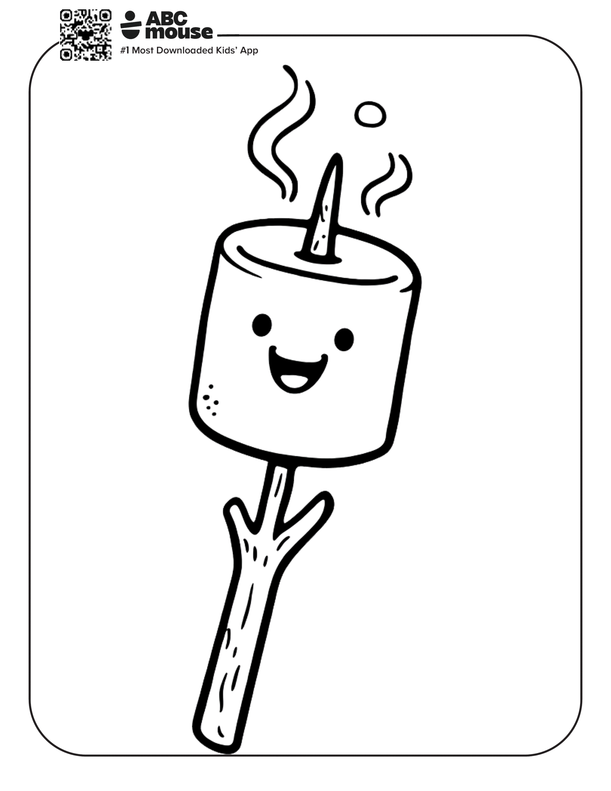 Friendly line-art illustration of a marshmallow on a skewer, smiling as it roasts with steam rising nearby.