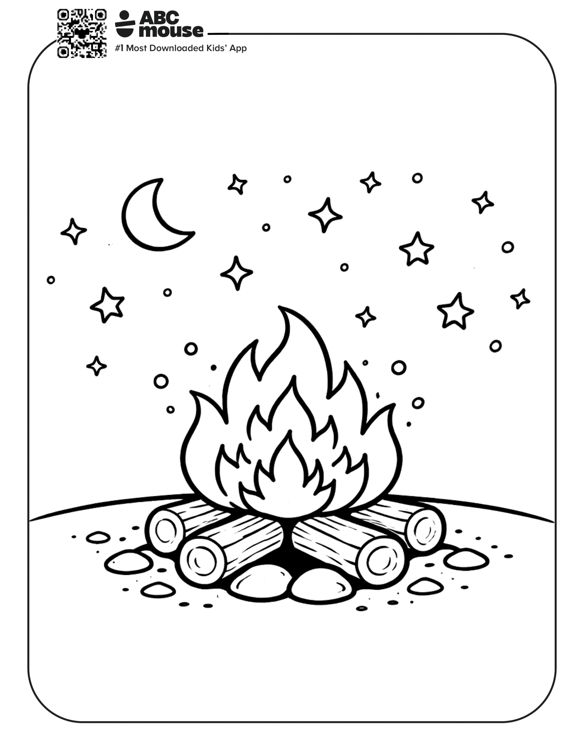 Free printable fire under the stars camping themed coloring page for kids from ABCmouxe.com.