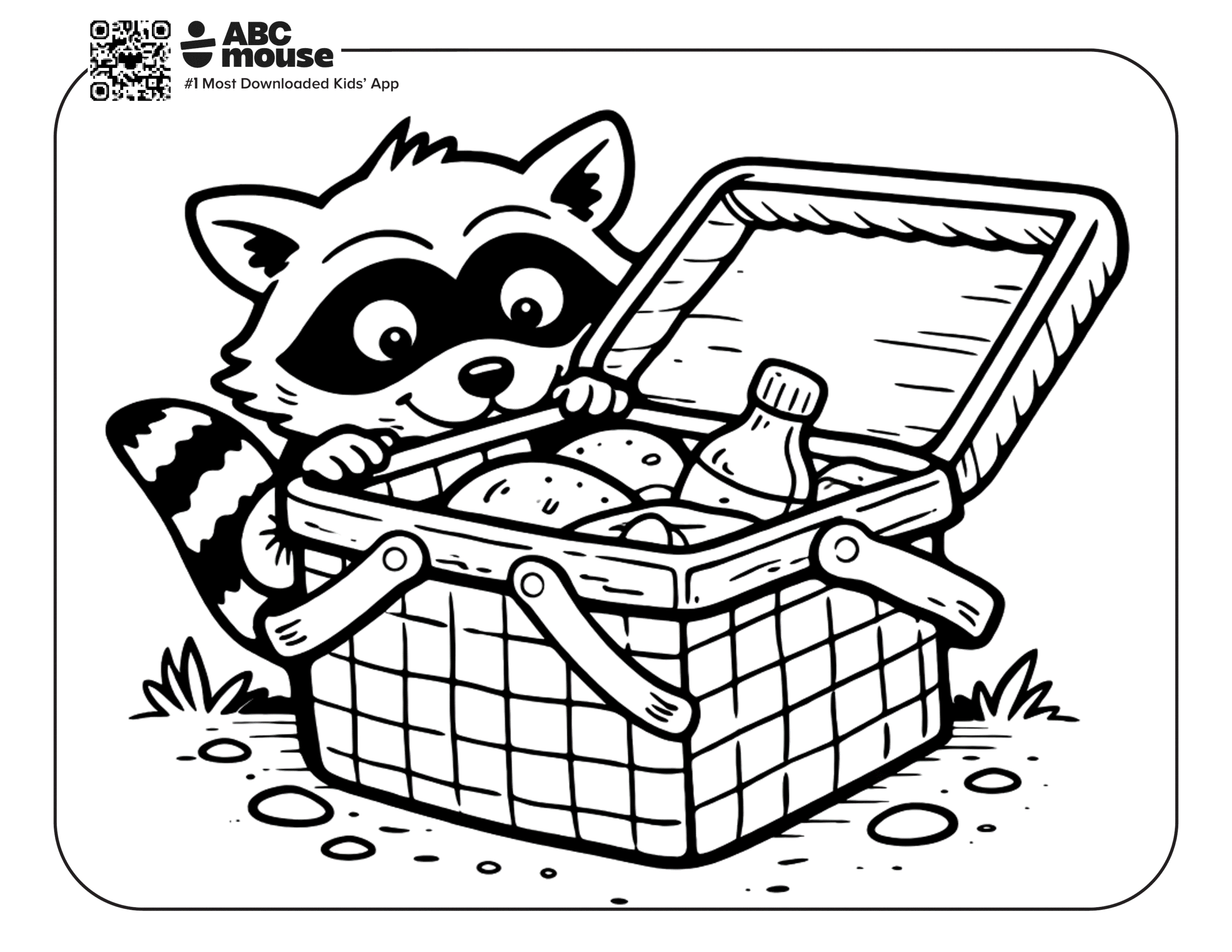 Free printable racoon with picnic basket camping themed coloring page for kids from ABCmouxe.com.