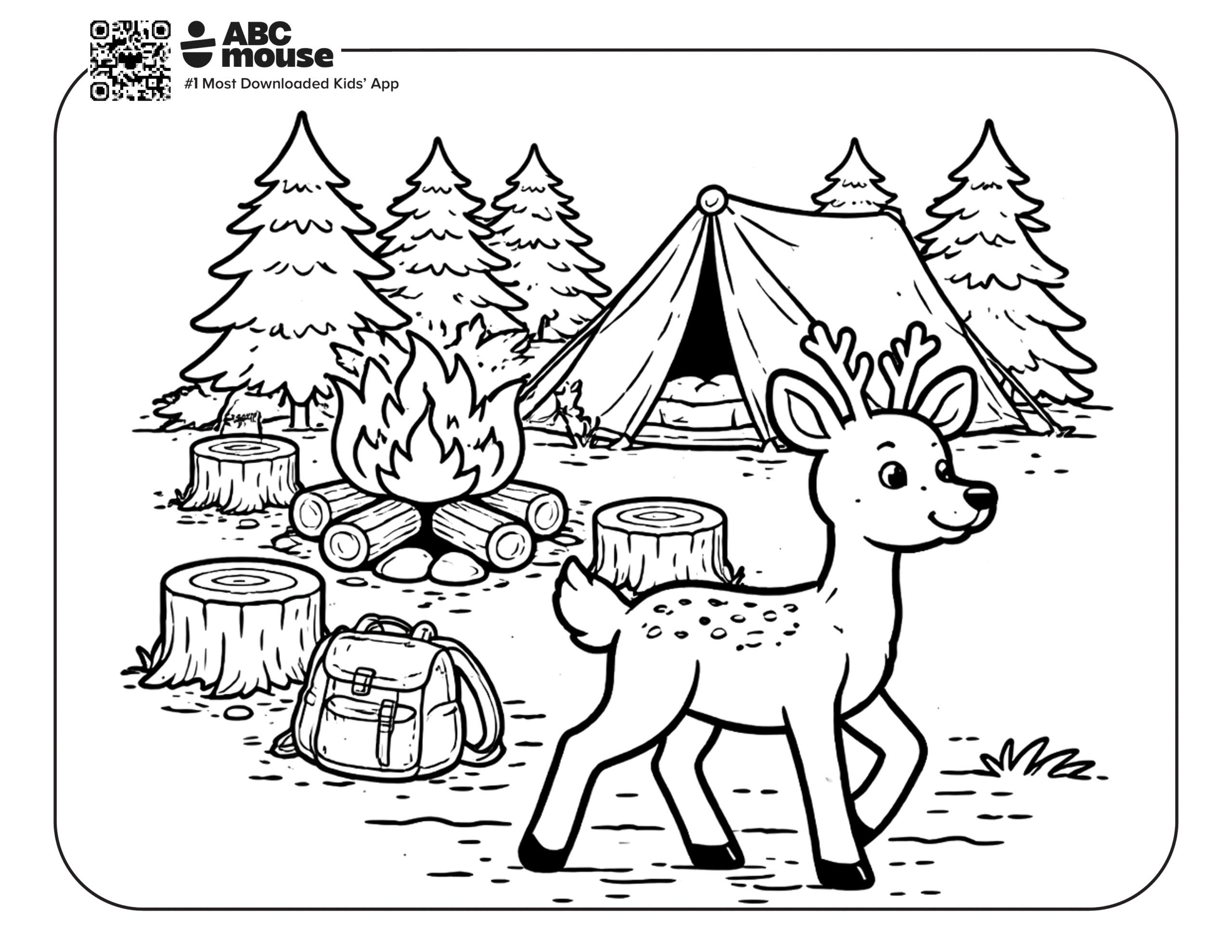 Free printable deer near tent camping themed coloring page for kids from ABCmouxe.com.