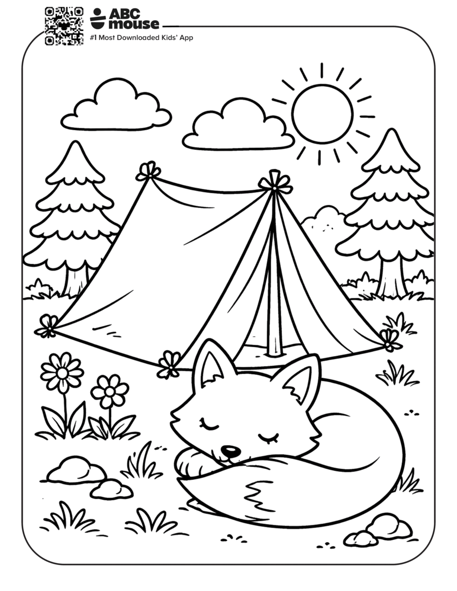 Free printable tent with fox camping themed coloring page for kids from ABCmouxe.com.