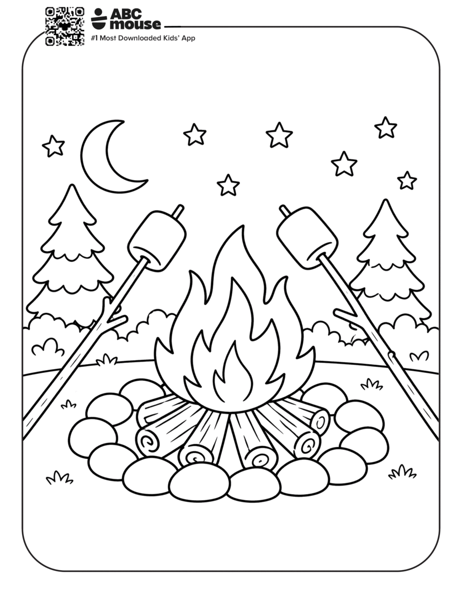 Free printable marshmallow over campfire camping themed coloring page for kids from ABCmouxe.com.