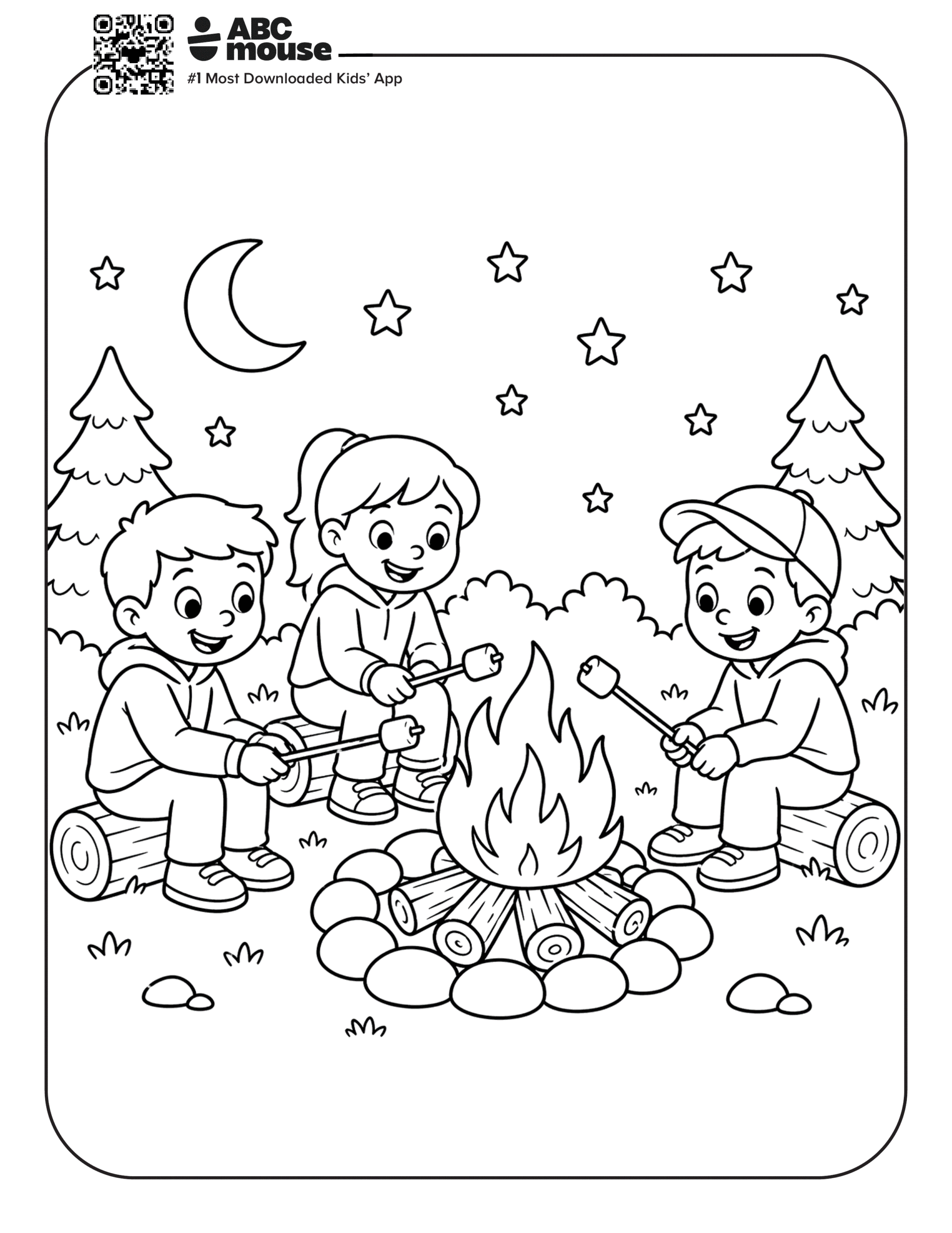 Free printable kids roasting marshmallows camping themed coloring page for kids from ABCmouxe.com.