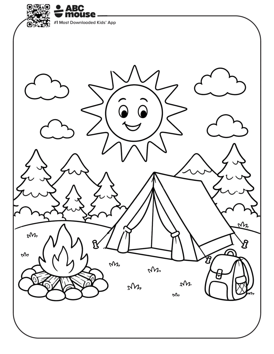 Free printable tent camping themed coloring page for kids from ABCmouxe.com.