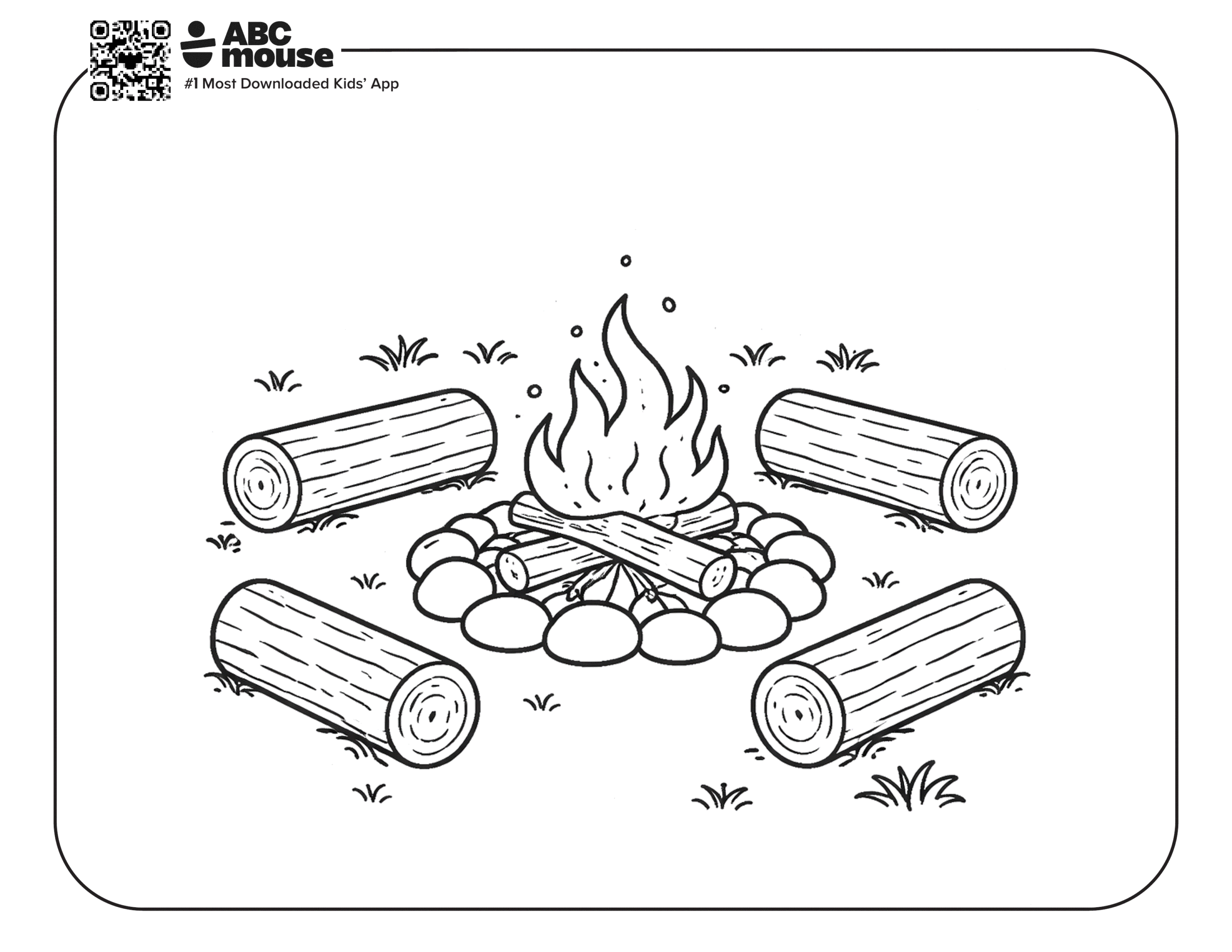 Free printable log fire camping themed coloring page for kids from ABCmouxe.com.