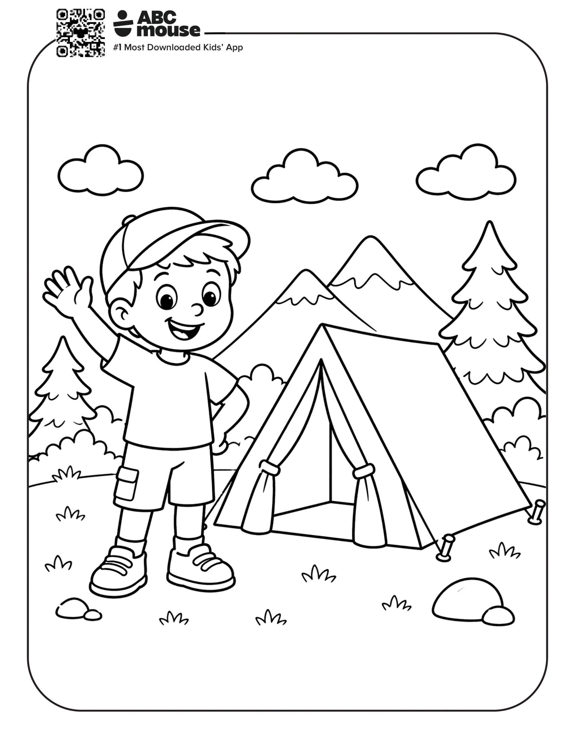 Free printable camping themed coloring page for kids from ABCmouxe.com.