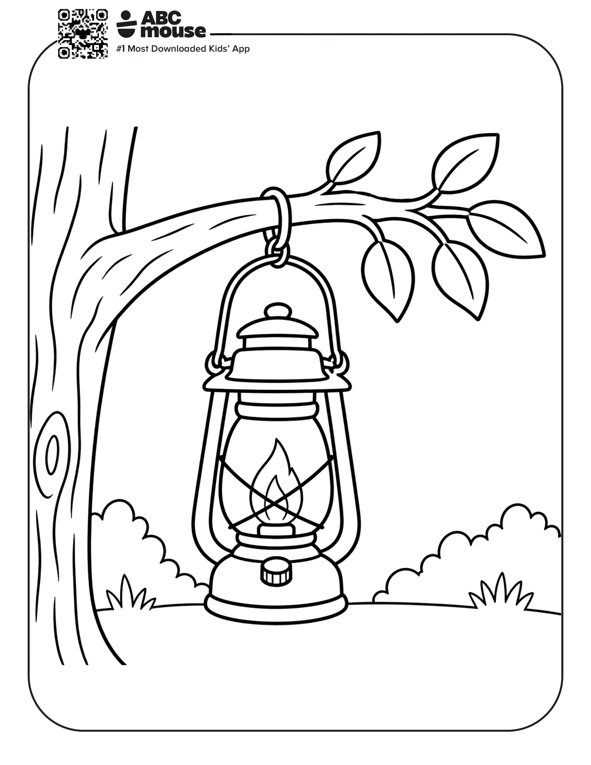 Free printable lantern hanging on a tree camping themed coloring page for kids from ABCmouxe.com.