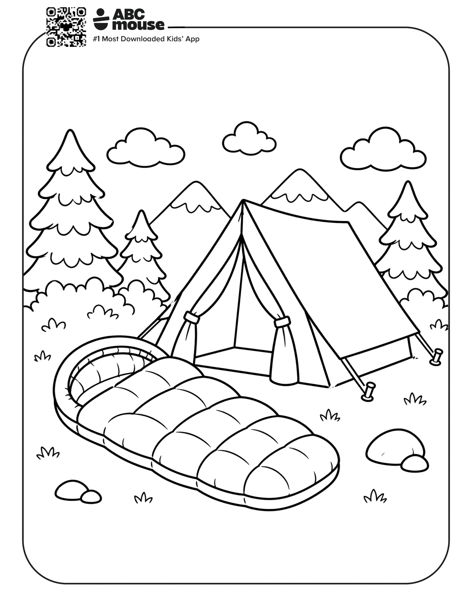Free printable sleeping bag by tent camping themed coloring page for kids from ABCmouxe.com.