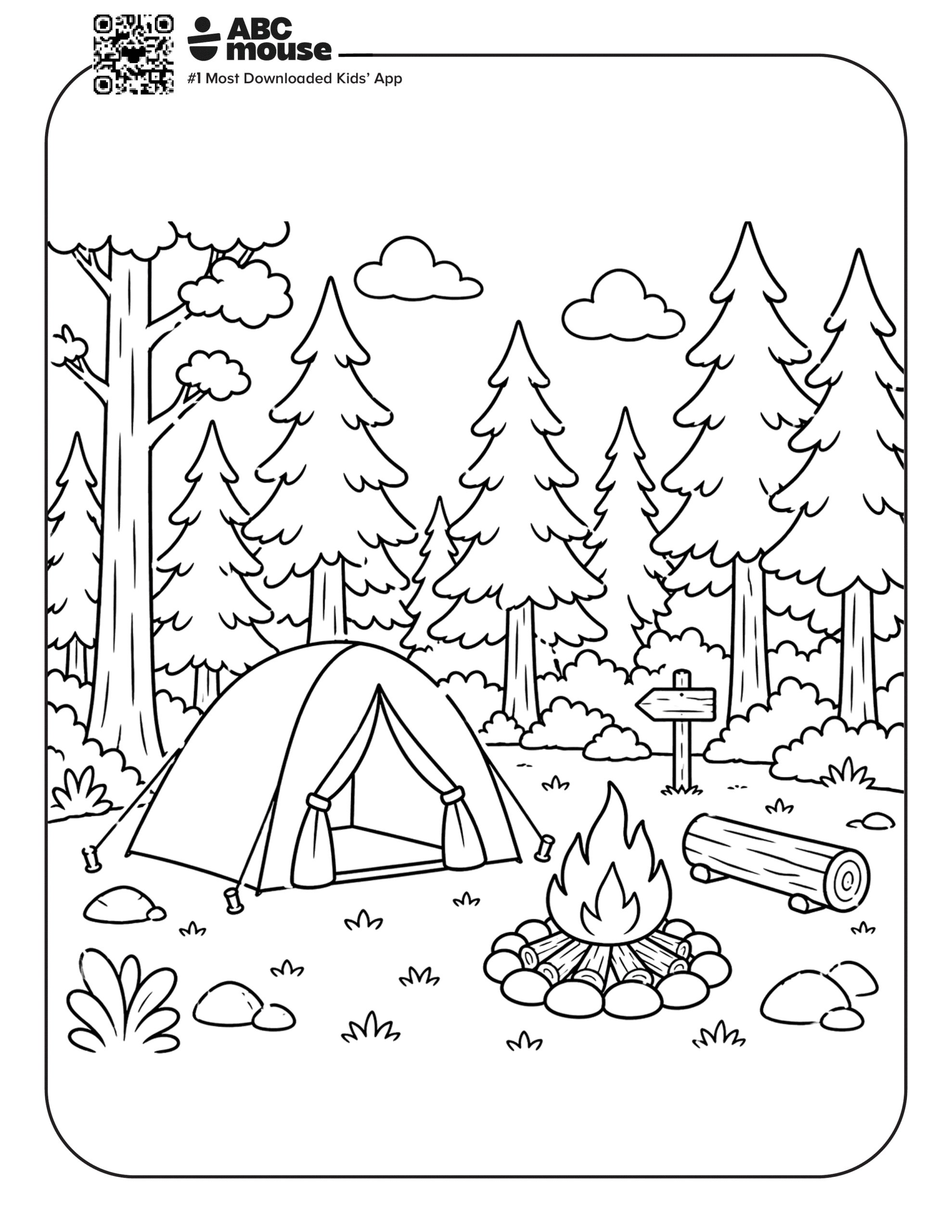 Free printable tent and campfire in the woods camping themed coloring page for kids from ABCmouxe.com.
