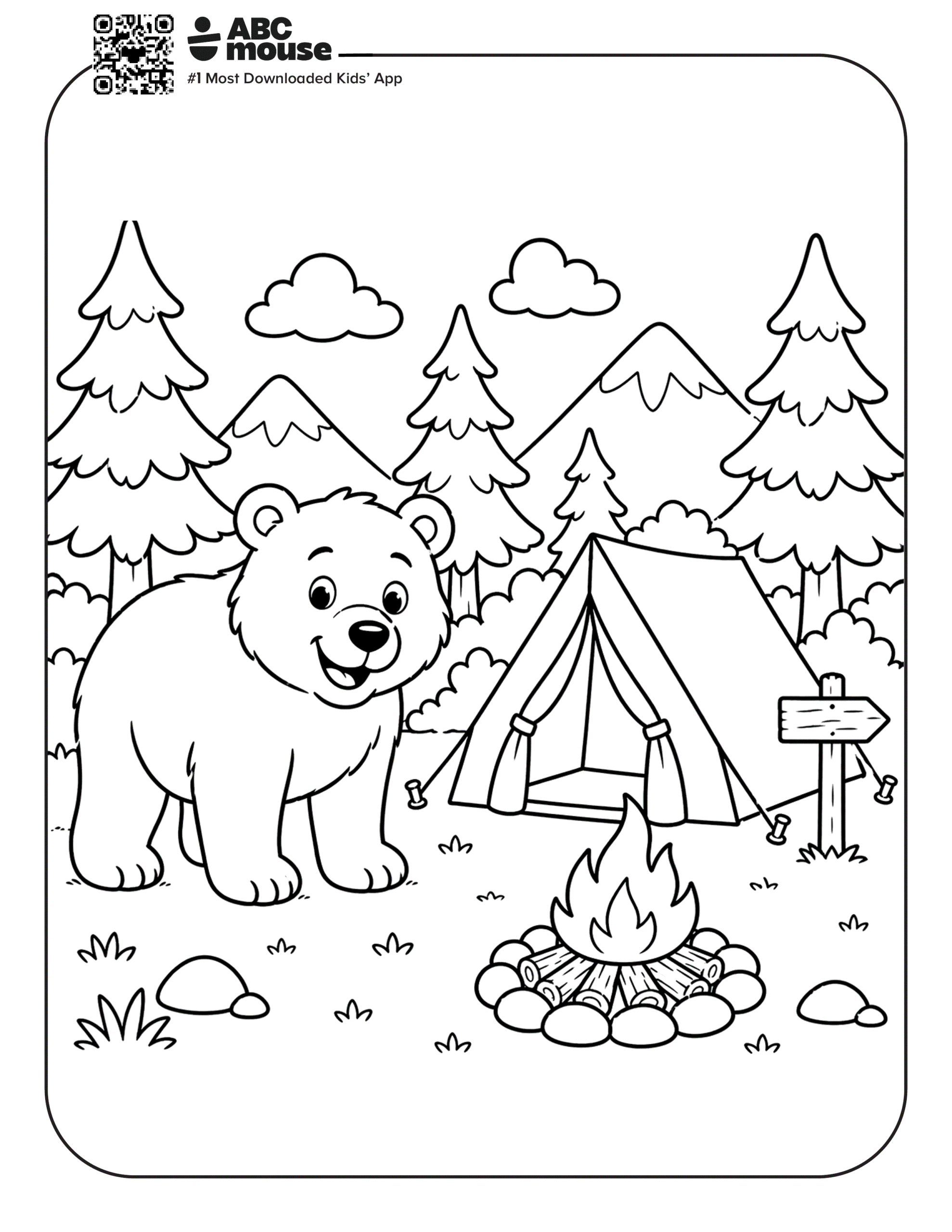 Free printable bear by a fire camping themed coloring page for kids from ABCmouxe.com.