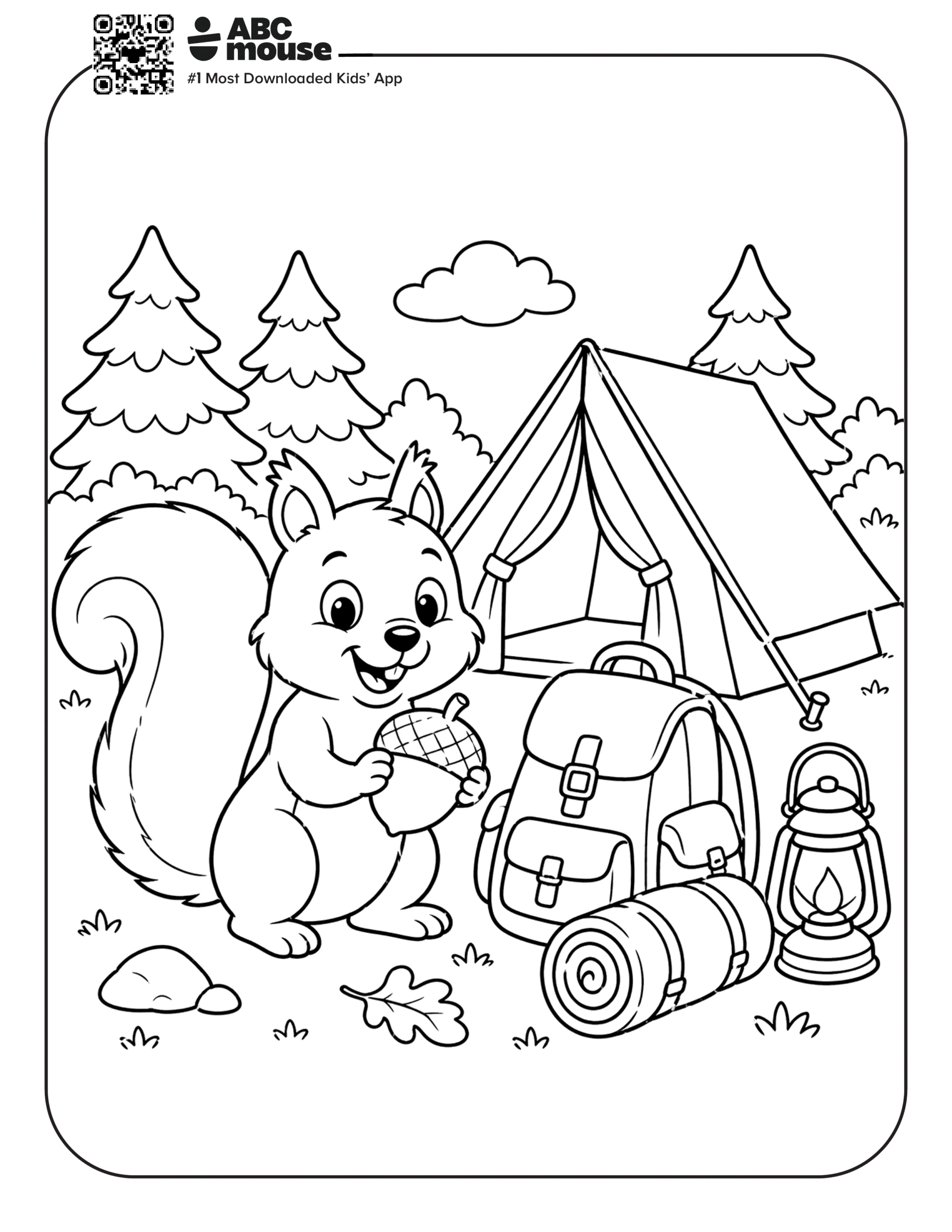Free printable squirrel in a campsite camping themed coloring page for kids from ABCmouxe.com.