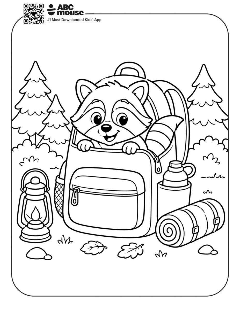 Free printable racoon in backpack camping themed coloring page for kids from ABCmouxe.com.