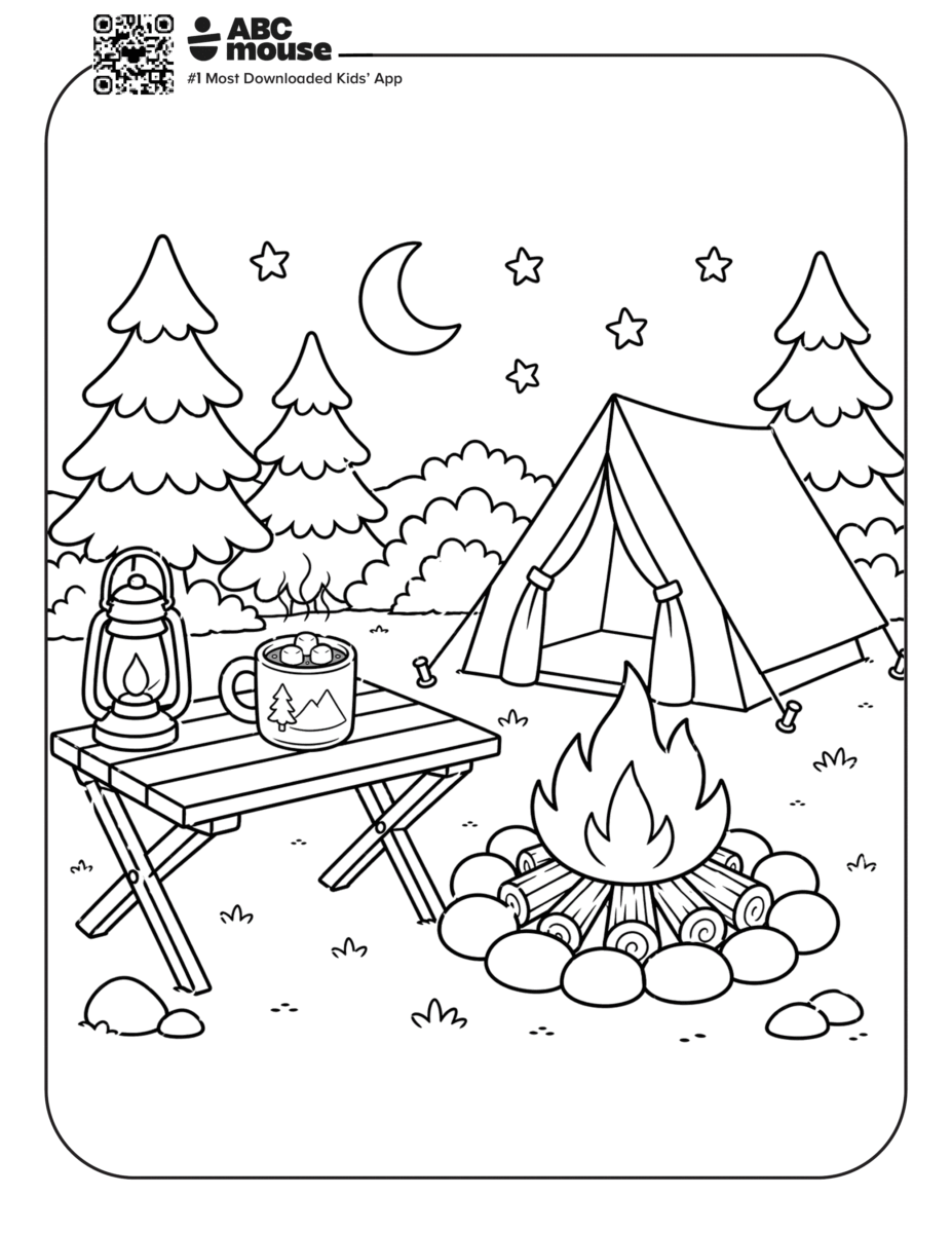 Free printable camping themed coloring page for kids from ABCmouxe.com.